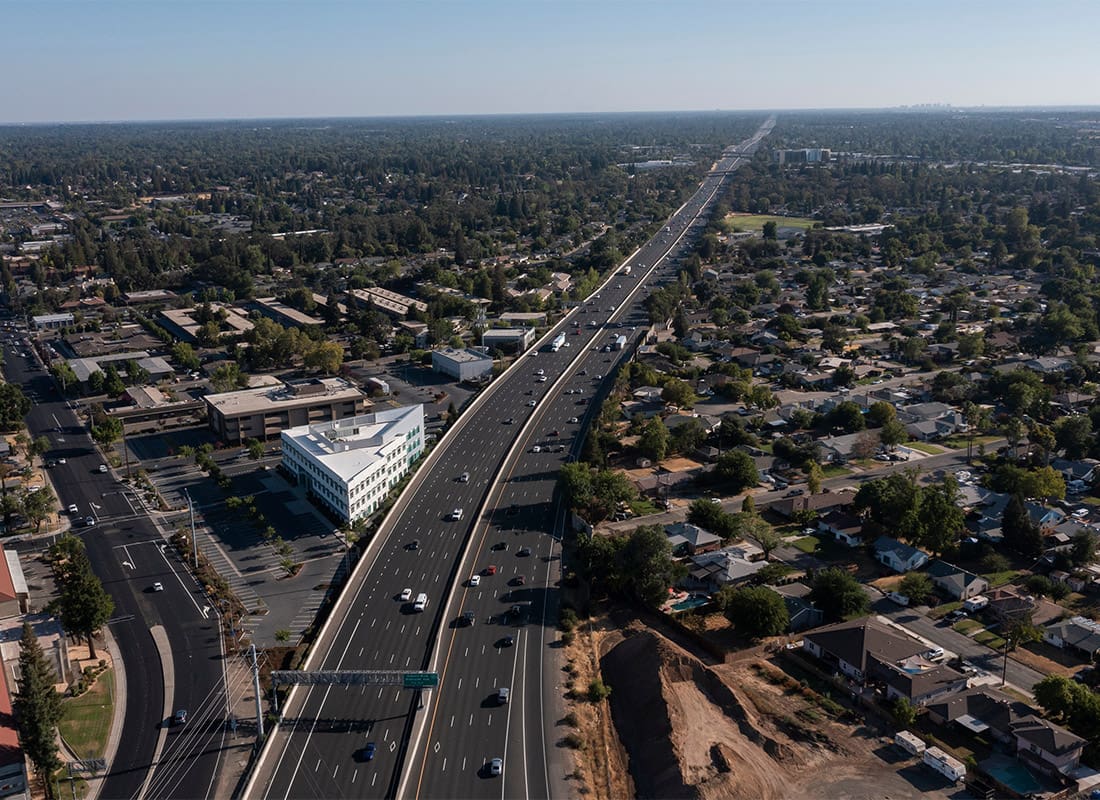 Roseville, CA - Late Afternoon Aerial View of the Urban Downtown Core of Roseville, California, USA